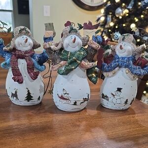Home Interiors Snowman Trio 2003.- Blue, Green, Red Accents Set Of 3